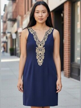Lilly Pulitzer Navy Mini Dress with Gold Embroidery
